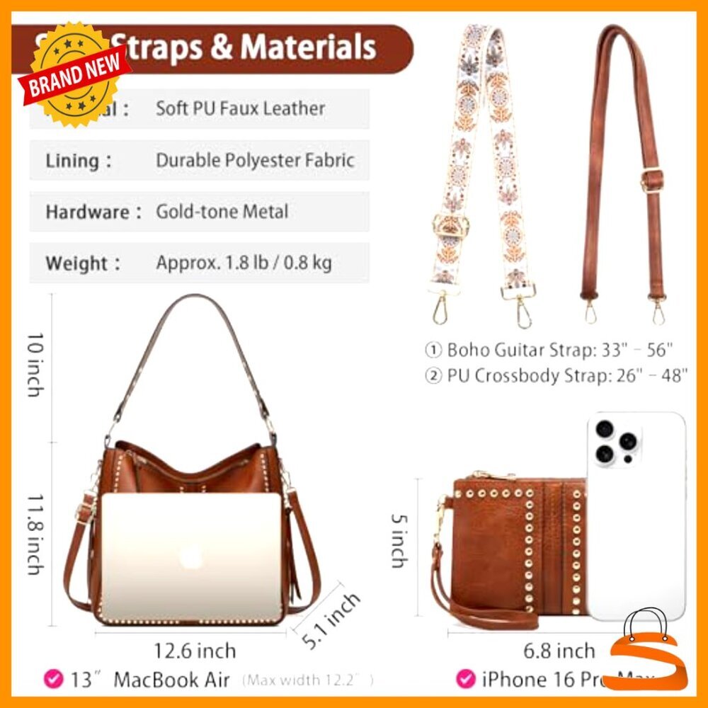 Large Hobo Tote Bag with Wallet, Studded Shoulder Handbag, Adjustable Straps - Picture 4 of 7